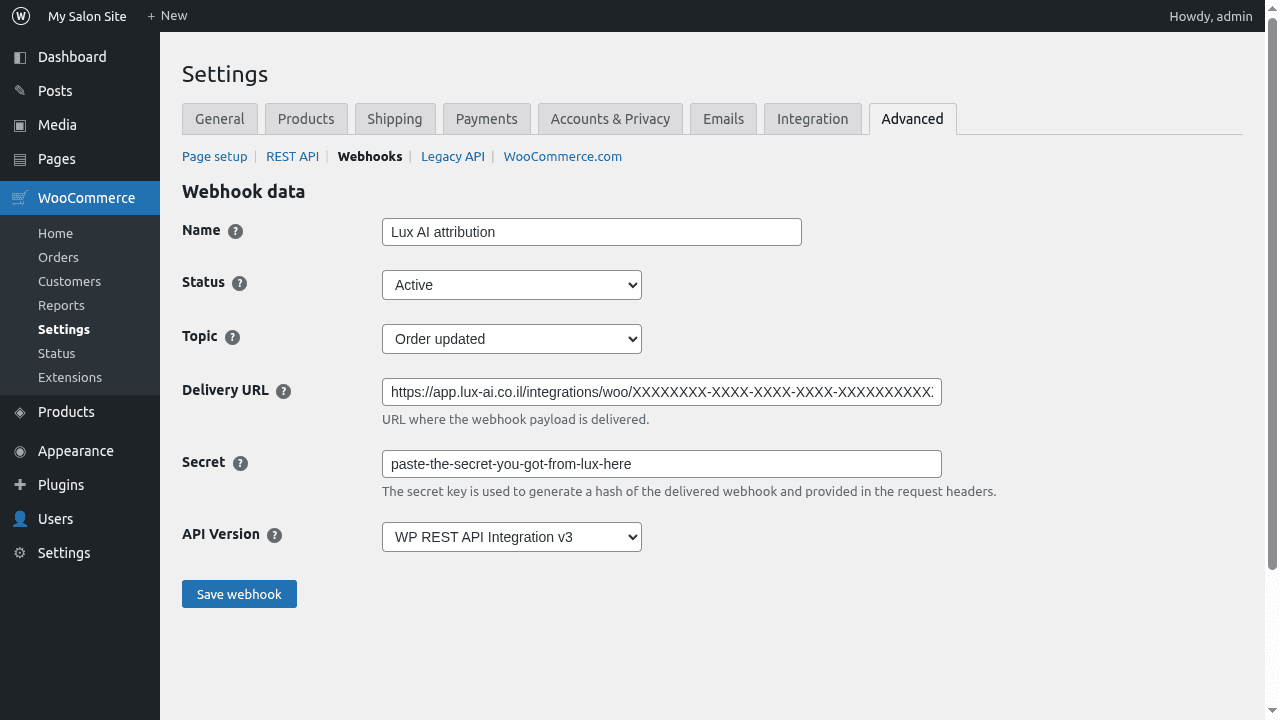 טופס יצירת webhook ב-WooCommerce ממולא בערכים של Lux AI: שם, סטטוס Active, נושא Order updated, כתובת וסוד