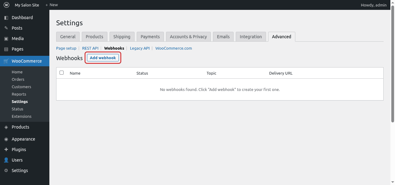 מסך ה-Webhooks בהגדרות WooCommerce, עם כפתור Add webhook מסומן