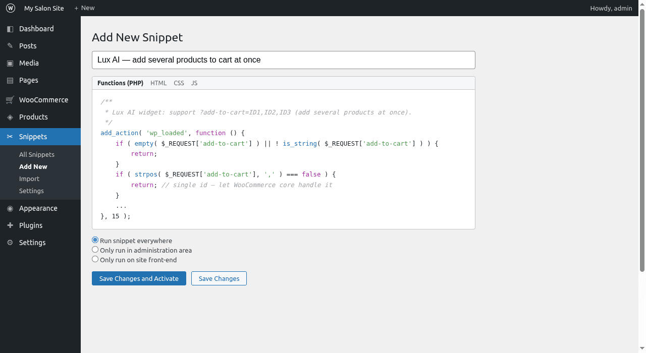 מסך Add New Snippet של תוסף Code Snippets עם קטע הקוד של Lux AI וכפתור Save Changes and Activate